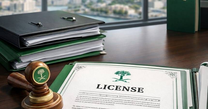 A Saudi business licence certificate open on a desk beside a gavel and a bound document folder