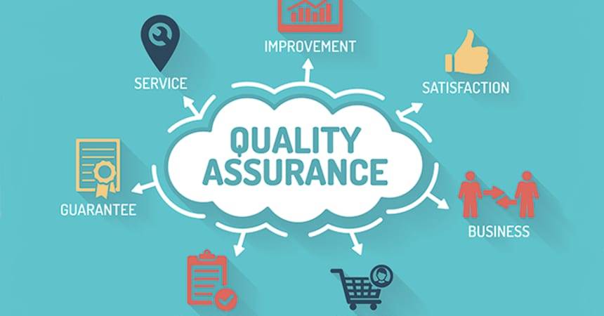 Flat illustration of a quality assurance cloud surrounded by service and guarantee icons