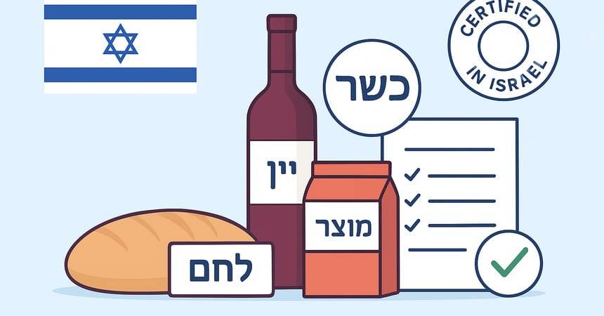 Illustration of bread, wine and a food carton with Hebrew labels and a certified-in-Israel badge
