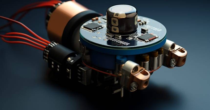 Close-up of a circular circuit board pressure sensor module with red wiring