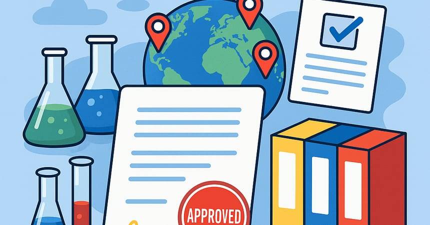 Flat illustration of laboratory flasks, a globe and an approved certificate with document folders