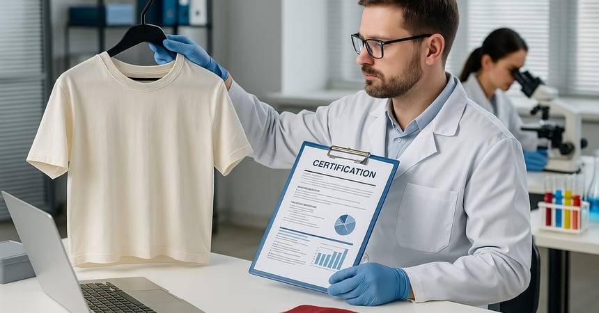 Laboratory technician holding a white t-shirt beside a clipboard of certification documents