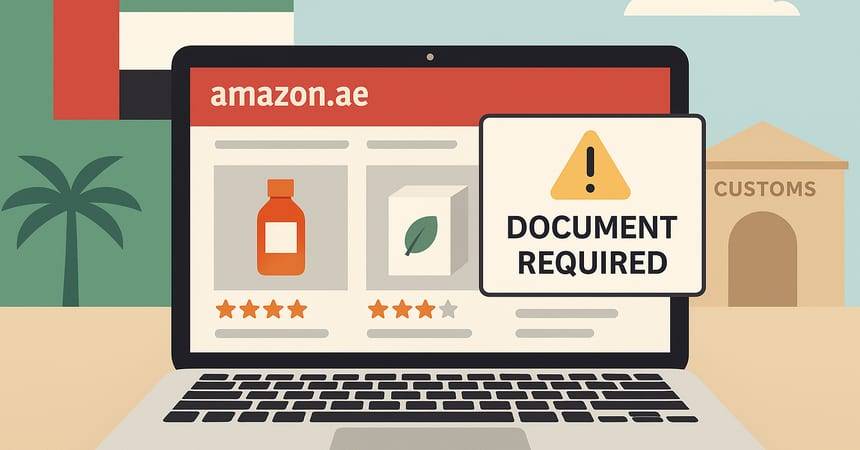 Laptop showing an amazon.ae product listing with a Document Required warning notice