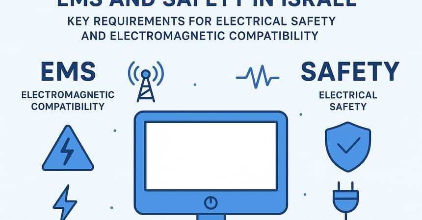 Diagram illustrating electromagnetic compatibility and electrical safety icons around a monitor