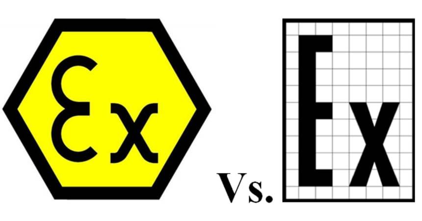 The yellow hexagonal ATEX Ex symbol beside the black-and-white Ex symbol used in the Customs Union