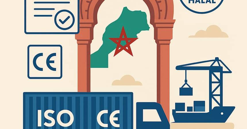 Illustration of Morocco framed by an arch with ISO, CE and halal marks and a container crane
