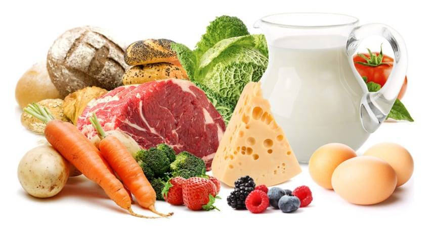 Assortment of bread, meat, cheese, milk, eggs, vegetables and berries on a white background