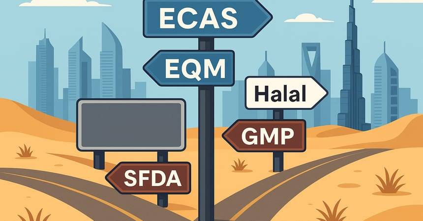Desert road with signposts pointing to ECAS, EQM, Halal, GMP and SFDA certification routes
