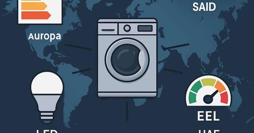 Illustration of a washing machine, LED bulb and energy rating gauge over a world map