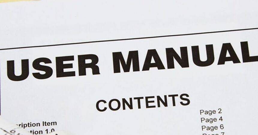 Close-up of a printed user manual cover page showing the contents listing