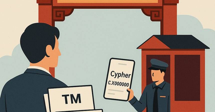 Illustration of an exporter holding a trademark document meeting a Chinese customs officer with a Cypher certificate
