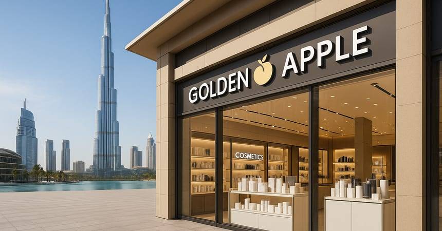 Golden Apple cosmetics store front in Dubai with the Burj Khalifa in the background