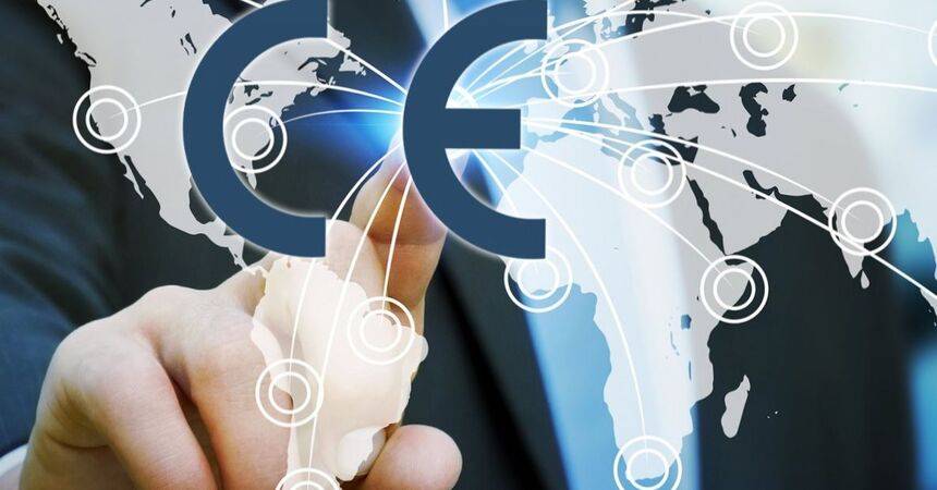 Hand touching a large CE mark symbol overlaid on a stylised world map