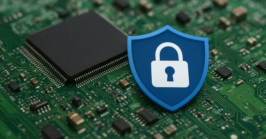 Circuit board with a blue shield and padlock icon representing device safety