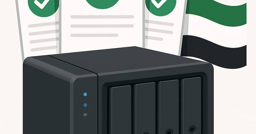 Black four-bay network attached storage unit in front of certificates and the UAE flag