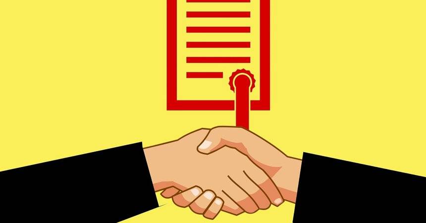 Flat illustration of a handshake in front of a red certificate with a wax seal on a yellow background