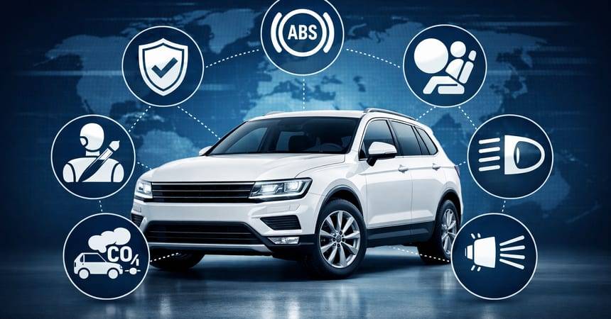 White SUV surrounded by icons for ABS, airbags, lighting and emissions safety systems
