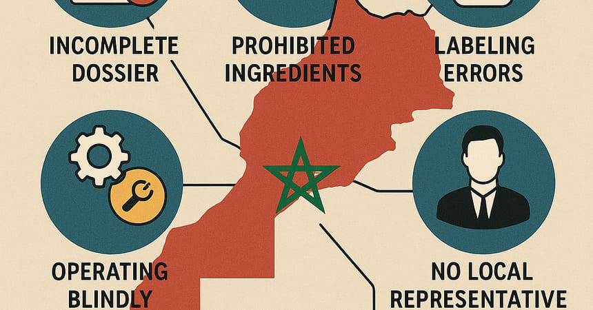 Infographic of Morocco surrounded by icons for dossier, ingredient and labelling mistakes