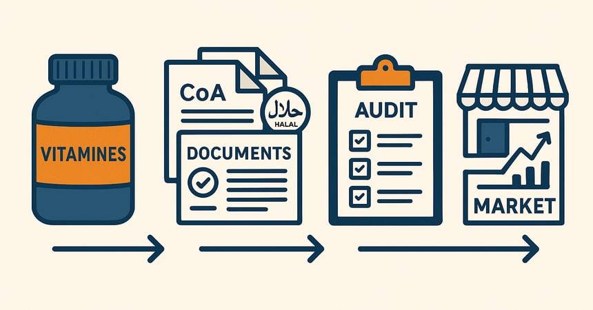 Illustration of a vitamin bottle, documents, audit checklist and shop marking the registration route