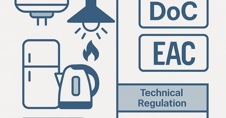 Line illustration of a fridge, kettle, lamp and cooker hood beside DoC and EAC labels