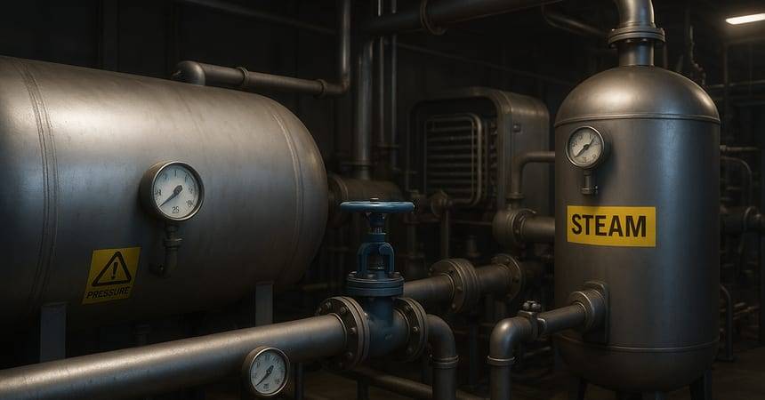 Steam plant room with horizontal and vertical pressure vessels, gauges and a valve marked STEAM