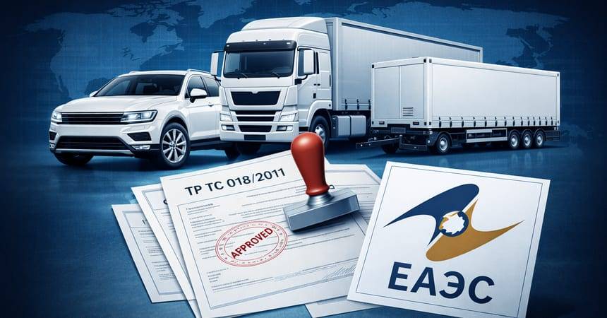 Car, truck and trailer behind stamped TR CU 018 certification documents and the EAEU emblem